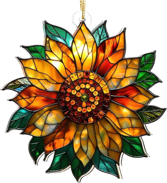 Stained Glass Window Hanging Suncatcher – Paint Golden Sunflower Acrylic Suncatcher Stained Glass Ornament Indoor Outdoor Decor Garden Sun Catcher Panel for Sunflower Lover for Women Mom Grandma