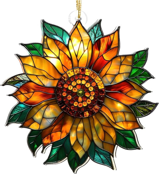 Stained Glass Window Hanging Suncatcher – Paint Golden Sunflower Acrylic Suncatcher Stained Glass Ornament Indoor Outdoor Decor Garden Sun Catcher Panel for Sunflower Lover for Women Mom Grandma