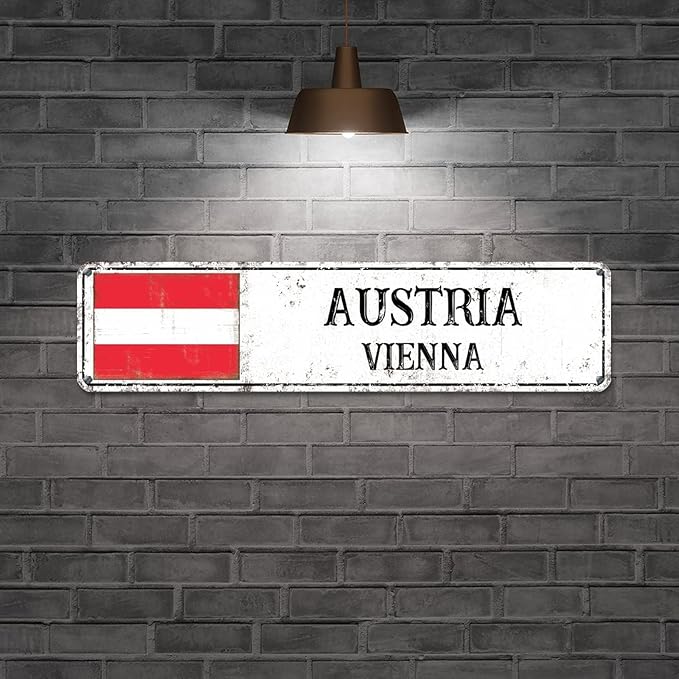 Personalized Austria Street Sign Austria Flag Metal Sign Capital City of Austria Metal Sign Road Rustic Wall Art Country City Indoor & Outdoor Decor for Home Man Cave Door Porch Garden Party 24x6in