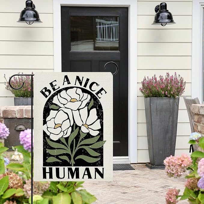Dyrenson Inspirational Flower Decorative Garden Flag, Motivational Be A Nice Human Floral Yard Outside Home Decoration, Spring Summer Burlap Outdoor Small Decor Double Sided 12 x 18