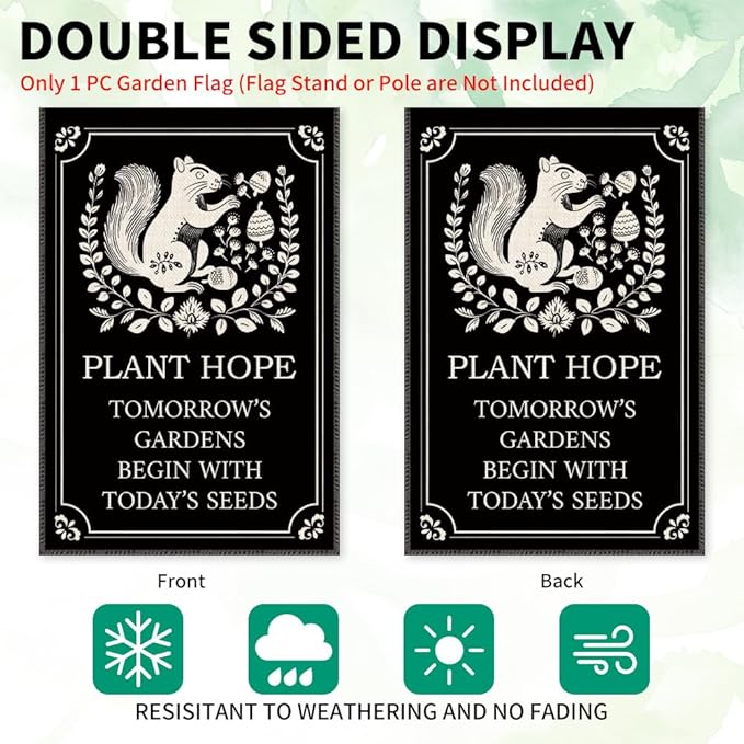 Plant Hope Tomorrow's Gardens Begin With Today's Seeds Garden Flag Banner, Double Sided Farmhouse Outdoor Lawn Decor Yard Flag Gifts, Funny Squirrel Gardening Gifts, Nature-Themed Flags