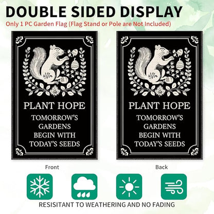 Plant Hope Tomorrow's Gardens Begin With Today's Seeds Garden Flag Banner, Double Sided Farmhouse Outdoor Lawn Decor Yard Flag Gifts, Funny Squirrel Gardening Gifts, Nature-Themed Flags
