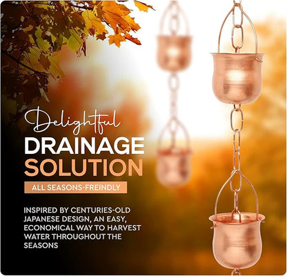 Copper Rain Chain – Decorative Chimes & Cups Replace Gutter Downspout & Divert Water Away from Home for Stunning Fountain Display – 6.5’ Long for Universal Fit – Pot Style