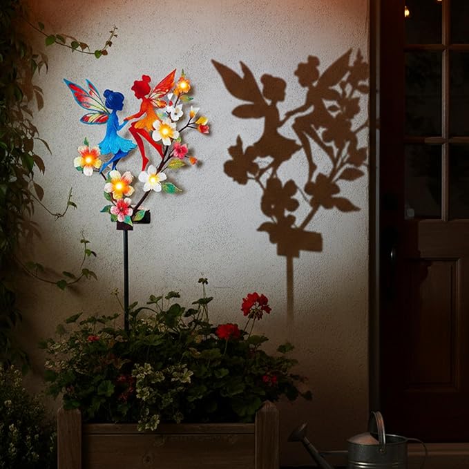 Solar Fairy Garden Stakes - Metal Whimsical Yard Art Decor, Warm LED Lights Waterproof Outdoor Decorative Stakes for Path Patio, Perfect Fairy Gift for Women/Mom(Twin Fairies)