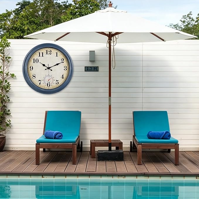 Large Outdoor Clocks Waterproof with Thermometer Combo Rustic Coastal Wall Clock Decor for Bathroom Patio Pool (16 Inch,Blue)