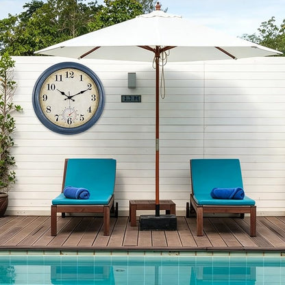 Large Outdoor Clocks Waterproof with Thermometer Combo Rustic Coastal Wall Clock Decor for Bathroom Patio Pool (16 Inch,Blue)