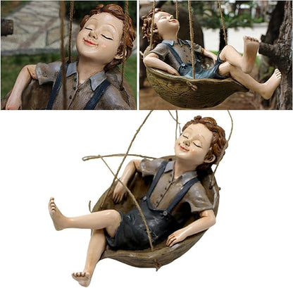 Swing Statue Tree Hanging Ornament Sleeping Boy Look Swinging Figurine Sculpture Decor for Outdoor Garden Courtyard