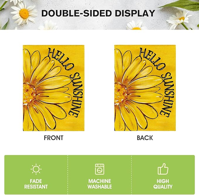 AVOIN colorlife Hello Sunshine Garden Flag 12x18 Inch Double Sided Outside, Summer Spring Floral Daisy Yard Outdoor Flag Yellow
