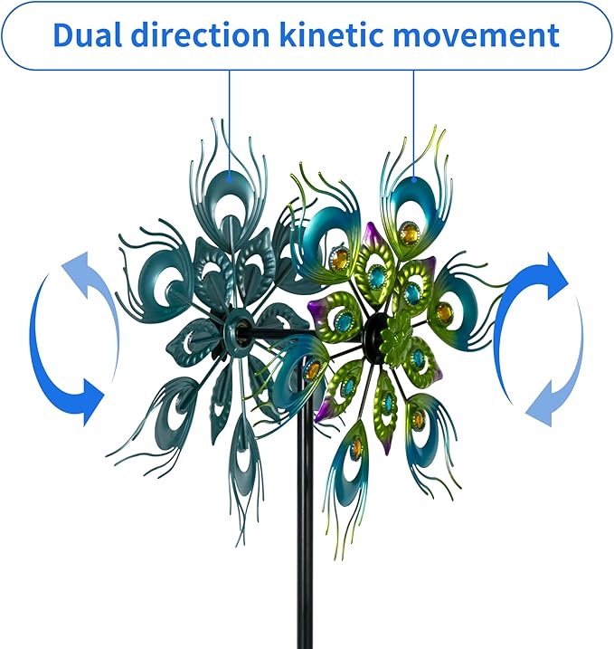 Peacock Wind Spinner, 48Inch Double Wind Sculpture, Wind Sculptures & Spinners Outdoor Metal Stake Yard Spinners, Garden Wind Catcher Wind Mills, Lawn&Garden…