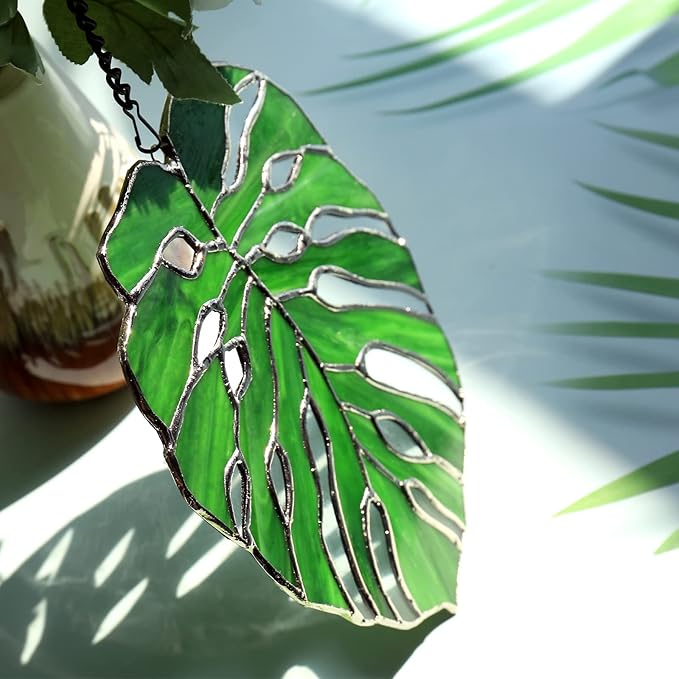 Tuitessine Monstera Stained Glass Suncatcher Window Decor,Tropical Leaf Hanging Ornament 7.5 x 6.5, Handmade Glass Panel for Home & Garden,Unique Birthday Gift for Plant Lovers
