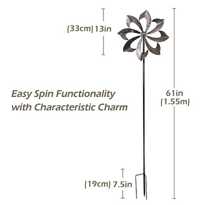 Wind Spinner Dahlia 61in Single Blade Easy Spinning Kinetic Wind Spinner for Outside – Vertical Metal Sculpture Stake Construction for Outdoor Yard Lawn & Garden
