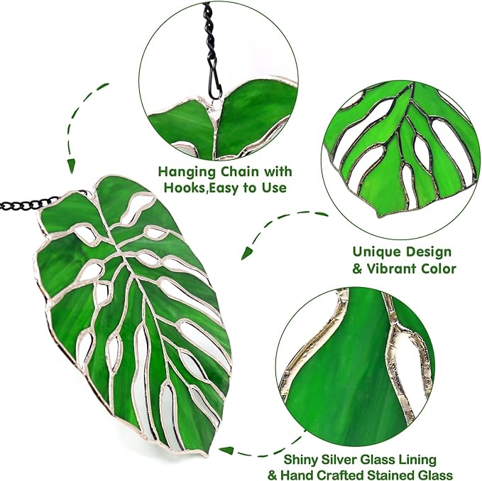 Tuitessine Monstera Stained Glass Suncatcher Window Decor,Tropical Leaf Hanging Ornament 7.5 x 6.5, Handmade Glass Panel for Home & Garden,Unique Birthday Gift for Plant Lovers