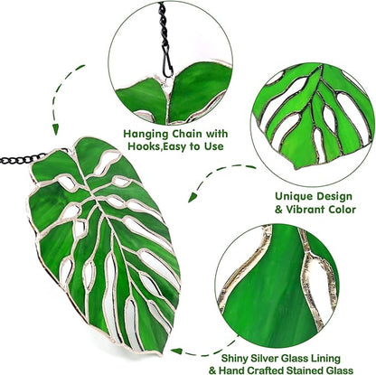 Tuitessine Monstera Stained Glass Suncatcher Window Decor,Tropical Leaf Hanging Ornament 7.5 x 6.5, Handmade Glass Panel for Home & Garden,Unique Birthday Gift for Plant Lovers
