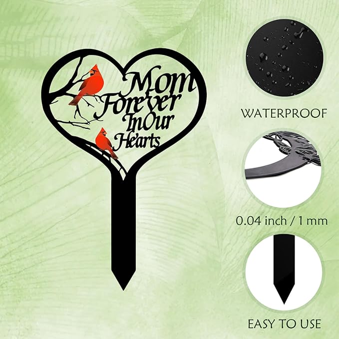 AIM & GGKK Memorial Stake for Mom - Metal Heart Grave Marker with Red Cardinals, Memorial Plaque Cemetery Decor for Grave, Garden Gravesite