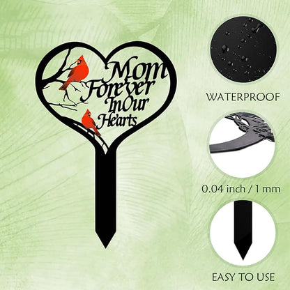 AIM & GGKK Memorial Stake for Mom - Metal Heart Grave Marker with Red Cardinals, Memorial Plaque Cemetery Decor for Grave, Garden Gravesite