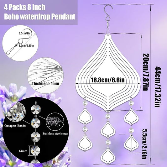 4Pack 8inch Sublimation Wind Spinner Blanks 3D Aluminum Metal Wind Sculpture Kinetic Spinners for Yard and Garden Indoor Art Ornaments Hanging Decoration (Boho Waterdrop Pendant)