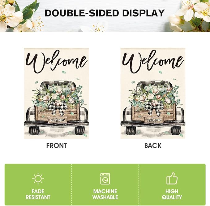 AVOIN colorlife Welcome Spring Truck House Flag 28x40 Inch Double Sided, Cotton Rustic Buffalo Plaid Yard Outdoor Flag