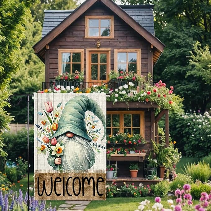 Welcome Spring Garden Flag 12x18 inch Burlap Double Sided Gnome Colorful Floral Small Summer Garden Flags Decorations For Outside Yard Home Outdoor Patio Lawn Decor