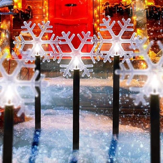 Christmas Snowflake Pathway Lights, 5 Pack Solar Christmas Stake Markers with Cool White Fairy Lights for Outdoor Holiday Walkway Patio Garden Decoration