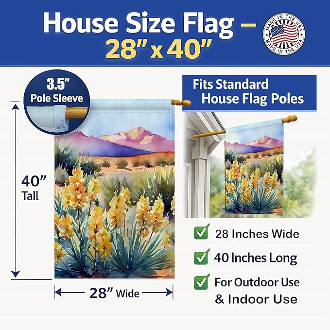 Caroline's Treasures New Mexico Yucca Flower in Watercolor House Flag Large Porch Sleeve Pole Decorative Outside Yard Banner Artwork Wall Hanging, Polyester, House Size, Multicolor
