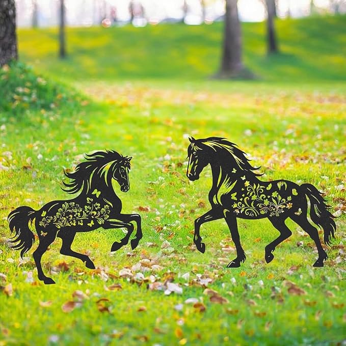 Metal Horse Decor for Outside,2 Piece Black Horse Silhouette Statues Garden Decor for Outside,Outdoor Decor,Yard Art,Lawn Ornaments,Gifts(Black Horse)