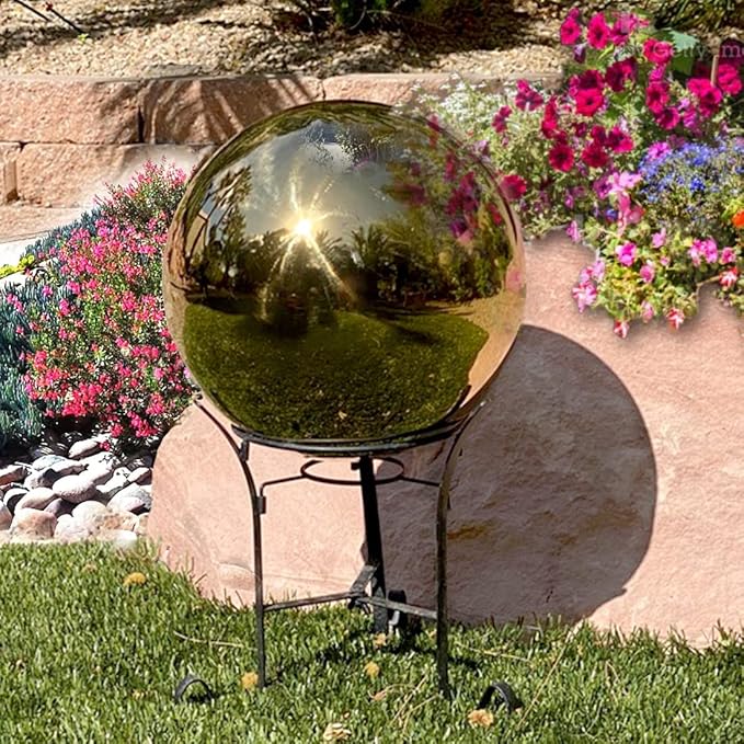Lily's Home Stainless Steel Gazing Globe Mirror Ball, Colorful and Shiny Addition to Any Garden or Home. Shiny Gold.