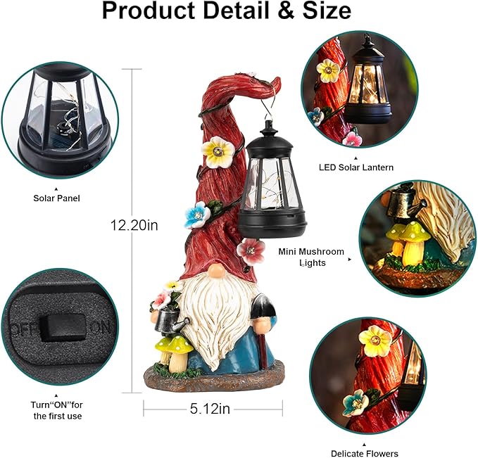 ZQQLITE Solar Gnome Garden Statue Lights Gnome Figurine with Solar Lantern, Outdoor Garden Waterproof Ornaments Decorations for Yard Lawn Patio – Ideal Gift for Women Mom Grandma