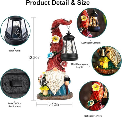 ZQQLITE Solar Gnome Garden Statue Lights Gnome Figurine with Solar Lantern, Outdoor Garden Waterproof Ornaments Decorations for Yard Lawn Patio – Ideal Gift for Women Mom Grandma