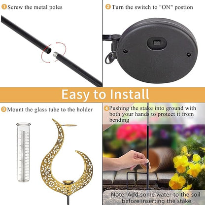Rain Gauge Outdoor Decorative, Solar Garden Rain Gauge, 7" Capacity Glass Tube Metal Flame Shape for Garden Yard Lawn