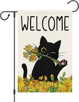 Summer Garden Flag Welcome Black Cat Sunflower Double Sided Burlap 12x18 inches For Porch Lawn Yard Outdoor and Home Decor