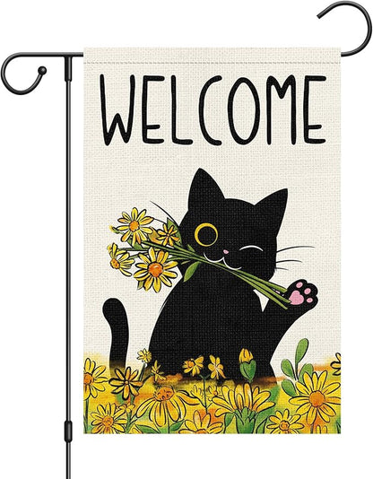 Summer Garden Flag Welcome Black Cat Sunflower Double Sided Burlap 12x18 inches For Porch Lawn Yard Outdoor and Home Decor