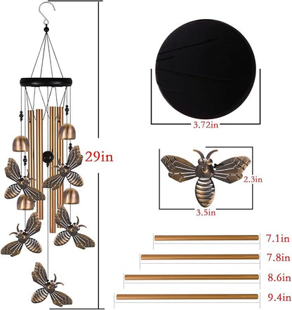 Bronze Bee Wind Chime, Gifts for Mom, Home, Garden, Balconies, Room, Patio, Indoor, Outdoor Bee Decoration, Bee Chimes, with 4 Aluminum Tubes 5 Bees Wind Chimes, Bee Wind Catcher, Bee Wind Bells Decor