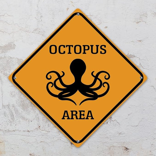 Caution Octopus Crossing XING Tin Sign Octopus Area Warning Street Sign Ocean Animal Novelty Caution Road Sign for Home Man Cave Gate Garden 15x15in