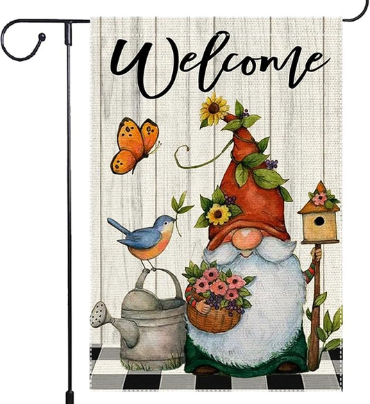 Welcome Spring Summer Garden Flag 12x18 Inch Double Sided Small Burlap Gnome Cardinal Flowers Butterfly Sunflower Buffalo Plaid Garden Flags Home Yard Lawn Holiday Outdoor Decorations