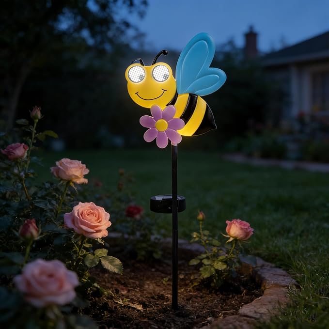Rngmsi Garden Solar Lights Dynamic Eyes, Bee Solar Garden Lights Stake Outdoor Decorations, LED Lighting Bee Decor Gifts for Patio Yard Pathway Lawn Ornaments