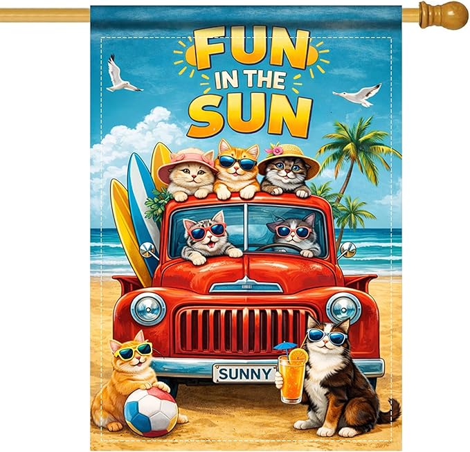 Nuxovilar Large Summer Garden Flag Fun In The Sun Cat Beach Truck Pattern Polyester 28×40 Inches Garden Flags for Outside Fun Decor Yard Porch Lawn