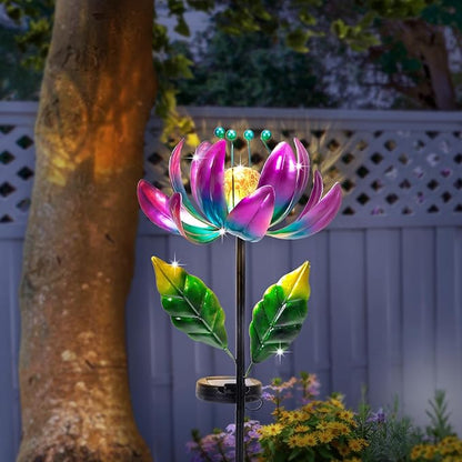 AIINY Solar Purple Metal Flower Wind Spinners, Colorful Spinning Windmill Lotus Yard Art Lights Wind Pinwheels with LED Crystal Ball Decorative Stake Lighting Flower Sculpture