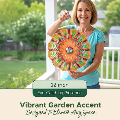 Garden Decor Sun Wind Spinner – 12-in Gazing Sun Hanging Decoration for Yard and – Boho Multicolored Ornament Spinner for Outdoor