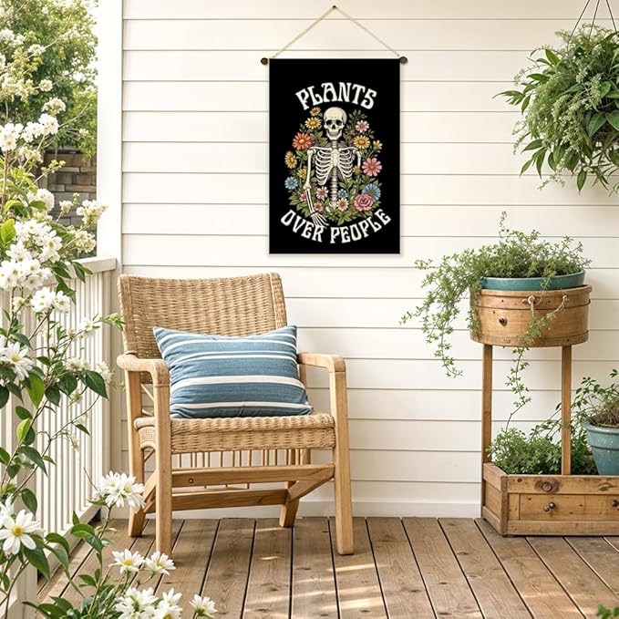 Plants Over People Halloween Garden Flag Double Sided Yard Outdoor Decoration 12x18 Inch, Plant Garden Flag, Halloween Skull Floral Patio Decorative Banner, Funny Skeleton Gardener Gifts