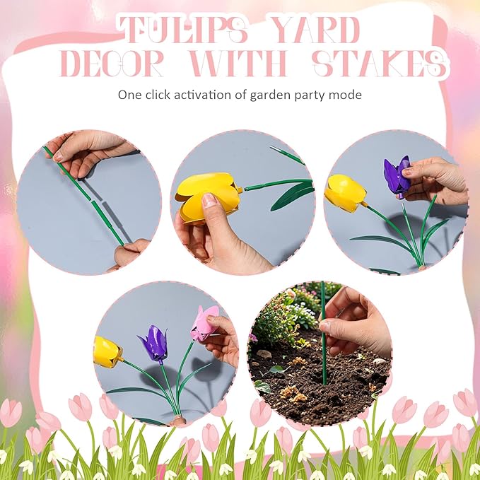 Yookeer Set of 6 Spring Metal Tulips Yard Signs with Stakes Metal Waterproof Spring Decor Garden Stakes for Garden Outdoor Lawn Yard Party Decoration