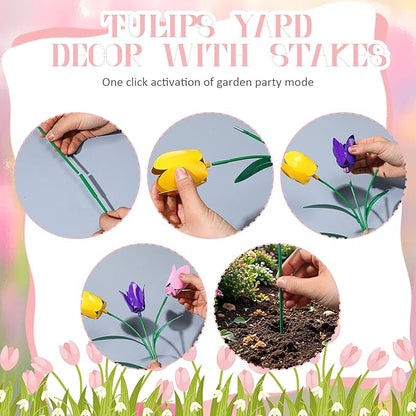 Yookeer Set of 6 Spring Metal Tulips Yard Signs with Stakes Metal Waterproof Spring Decor Garden Stakes for Garden Outdoor Lawn Yard Party Decoration