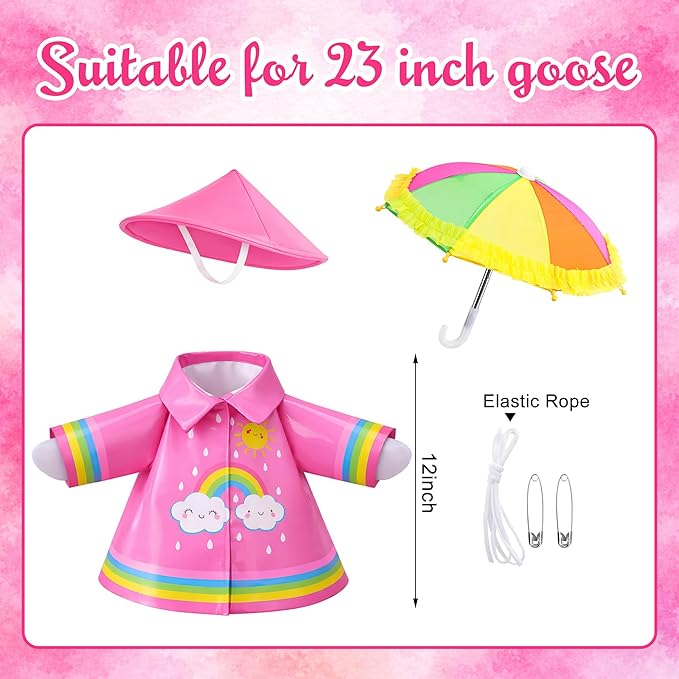 DECOHS 3 Pcs/Set Raincoat Porch Goose Outfits, Summer Lawn Goose Statue Raincoat Costume, Yard Goose Clothes Raincoats Umbrella Hat Outfit for 23" Statue Patio Garden Decoration (Rosy Rainbow)