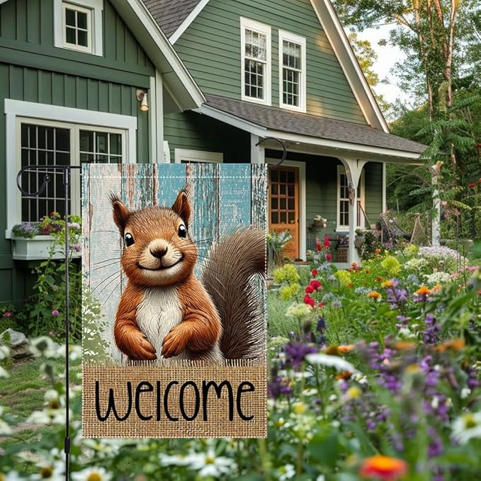 Spring Summer Garden Flag Welcome Garden Flags 12x18 inch Double Sided Small Burlap Squirrel Decor Yard Lawn Outdoor Home Decoratio