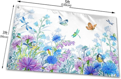 Blue Flower Butterfly Dragonfly Bird Flag 3x5 Ft Outdoor Indoor With Grommet Spring Summer Garden Yard Banner Decorative Sign