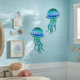 LIFFY Metal Jellyfish Wall Decor - Ocean Tropical Fish Wall Art - Glass Metal Fish Wall Decor for Pool, Beach, Bathroom, Living Room, Bedroom - 15inch, 2Pcs