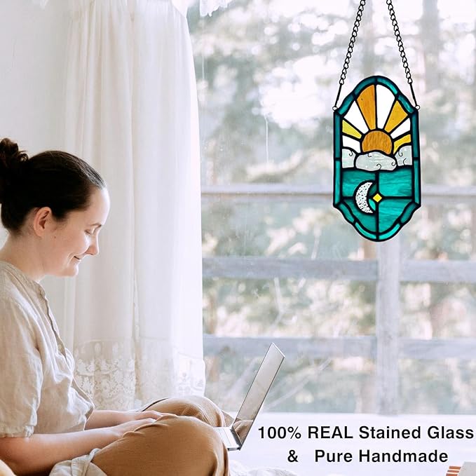 Stained Glass Sun and Moon Decor Window Hanging Suncatchers Ornament,Handcrafted Tiffany Style Sun Catcher Decor Gifts for Bedroom Livingroom