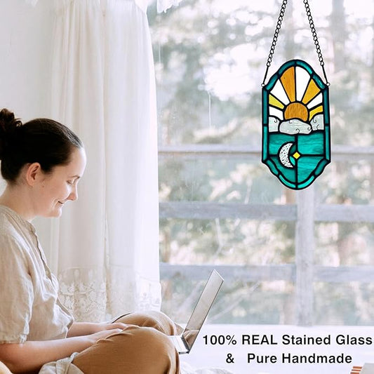 Stained Glass Sun and Moon Decor Window Hanging Suncatchers Ornament,Handcrafted Tiffany Style Sun Catcher Decor Gifts for Bedroom Livingroom