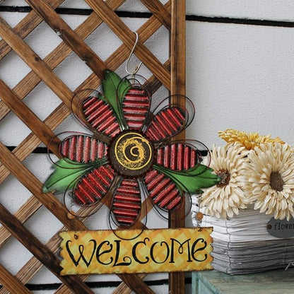 Hanging Welcome Sign Metal Flower Signs Wreath Decor Decorative Door Hanger Indoor Outdoor Spring Decoration for Porch Wall Front Door (Red)