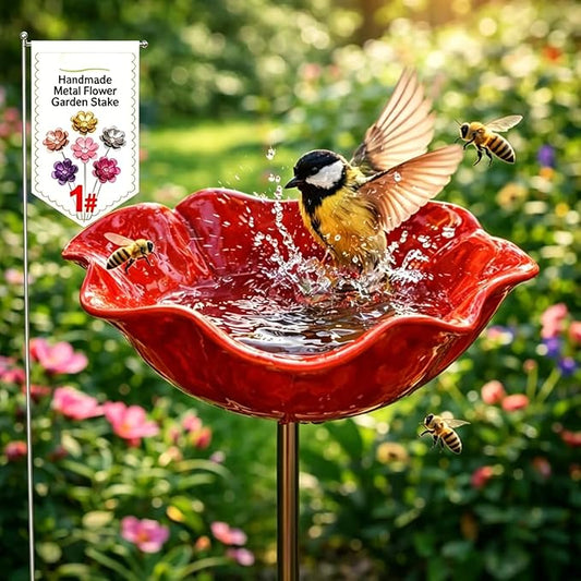 Metal Flower Garden Stakes Bird Bath Handmade, Bee Watering Station, Bees Bath for Garden Metal Bee Water Feeder with Flower Design, Colorful Butterfly Bees Bath Bowl for Outdoor Yard Decor (1PCS)