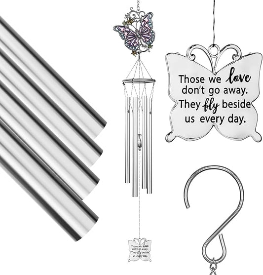 Outdoors Butterfly Wind Chimes Sympathy Memorial for Loss of Loved One - Soothing Melodic Tones Aluminum Chime Great as a Gift for Your Patio Porch Garden and Backyard (22.2" Silvery)